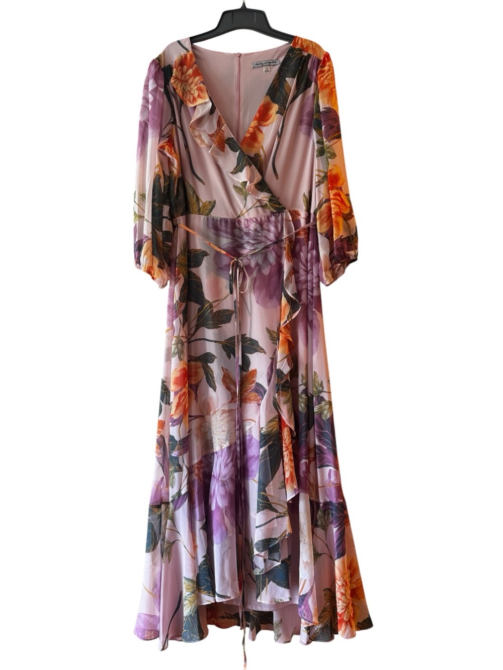 ELEGANT FLORAL WRAP MAXI DRESS 3/4 SLEEVE V-NECK TIERED RUFFLE HEM Women’s 16 - Picture 3 of 15